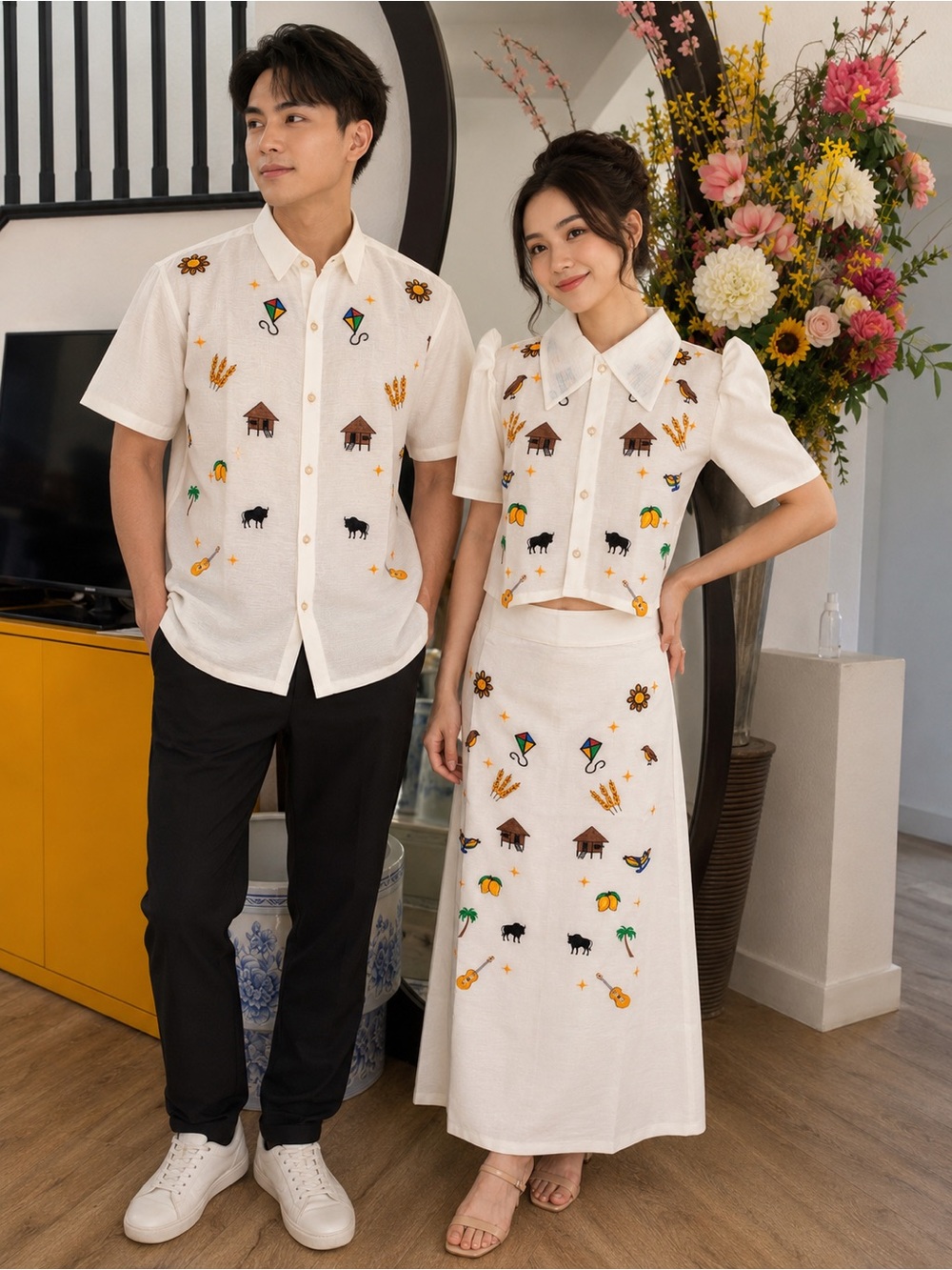 Filipiniana Set Embroidered White Blouse & A-Line Skirt - Picture 8 of 9